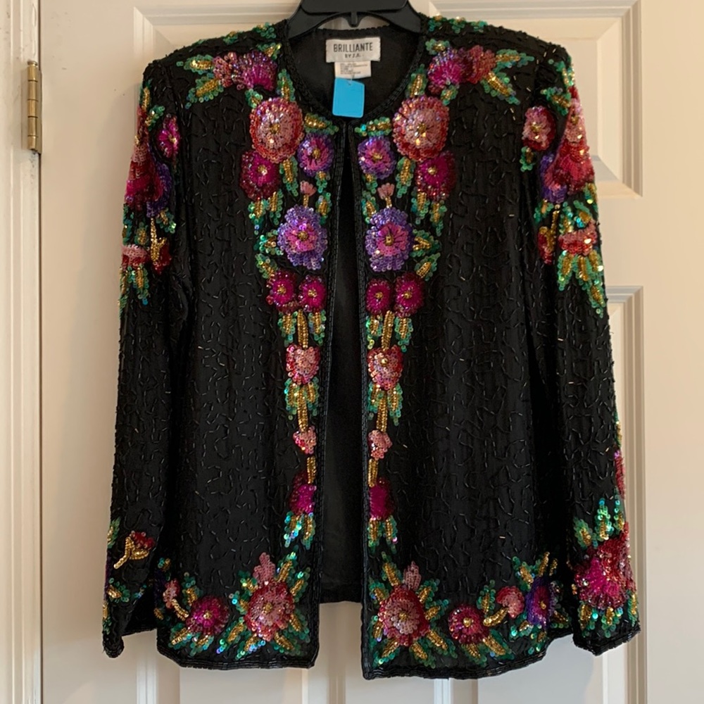 NEW - Stunning Brillante by J.A. Sequined beaded Silk Evening Floral Jacket -- M